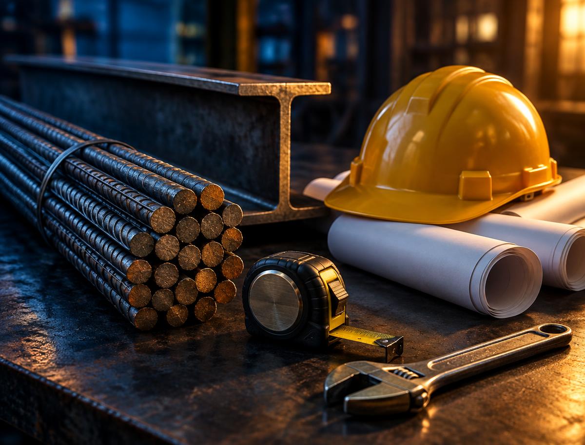 A bundle of steel rebar, an I-beam, a yellow hard hat, rolled blueprints, a tape measure and a wrench on a dark workbench